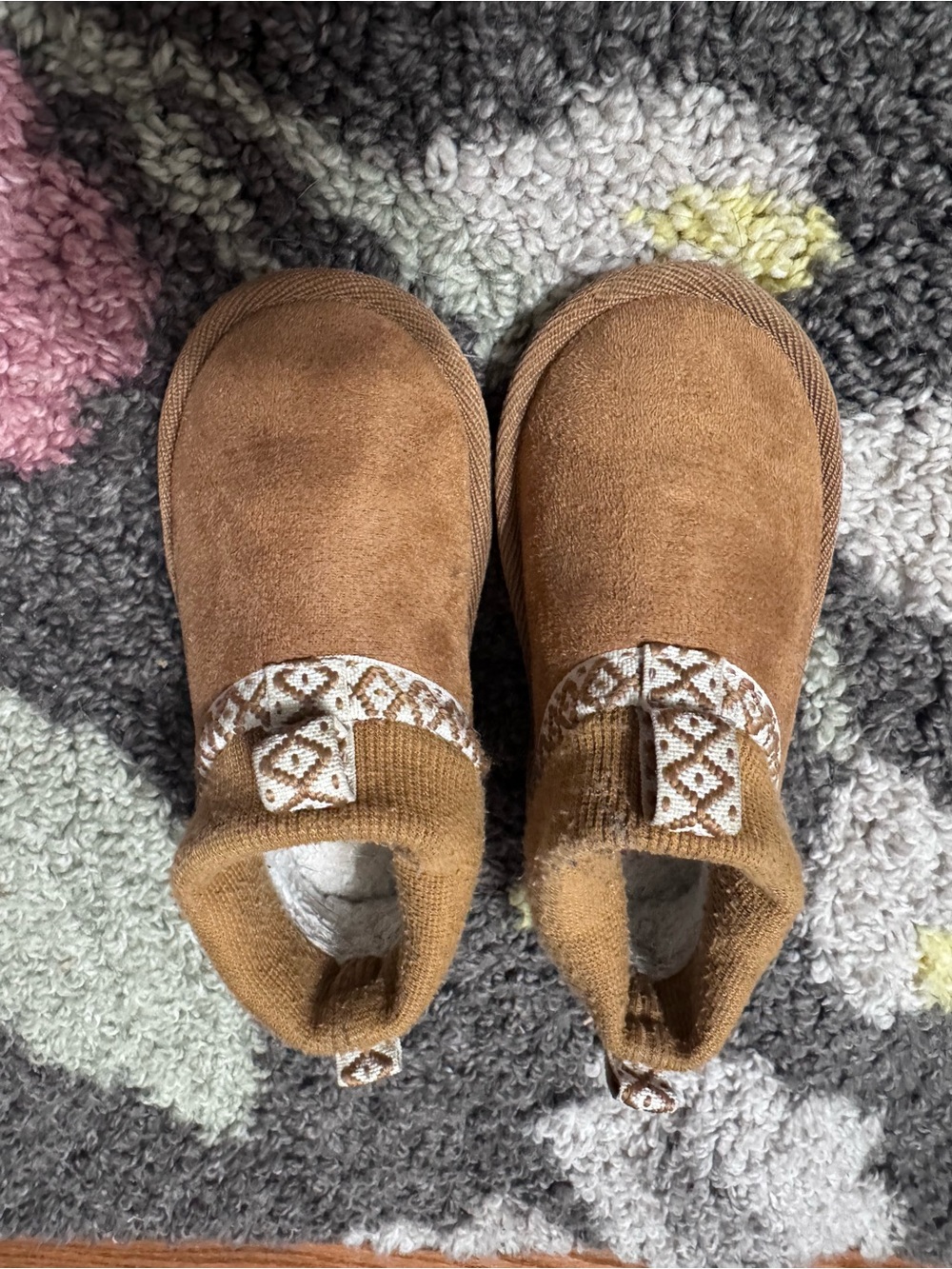 PAWZ Toddler Cozy Slip-On Booties in Brown with Patterned Knit Trim